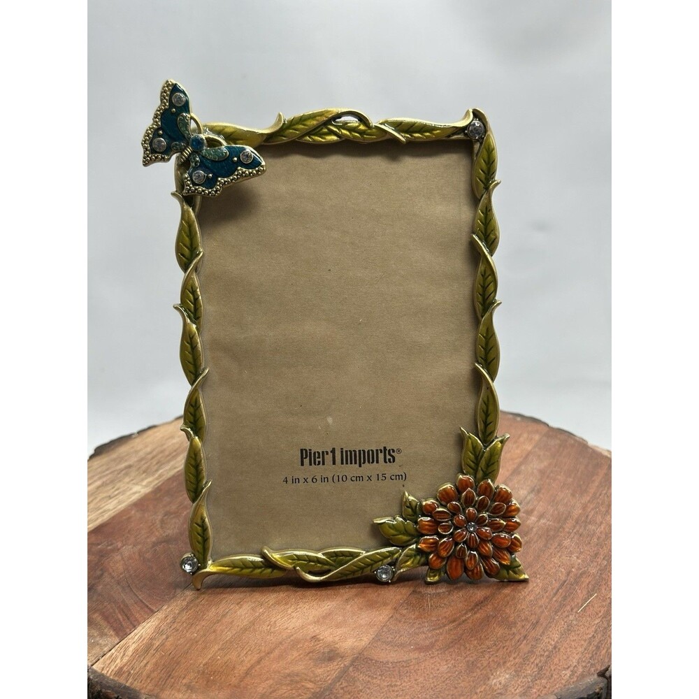 Pier 1 Imports Jeweled Enamel/Metal Picture Frame w/3D Butterfly Floral